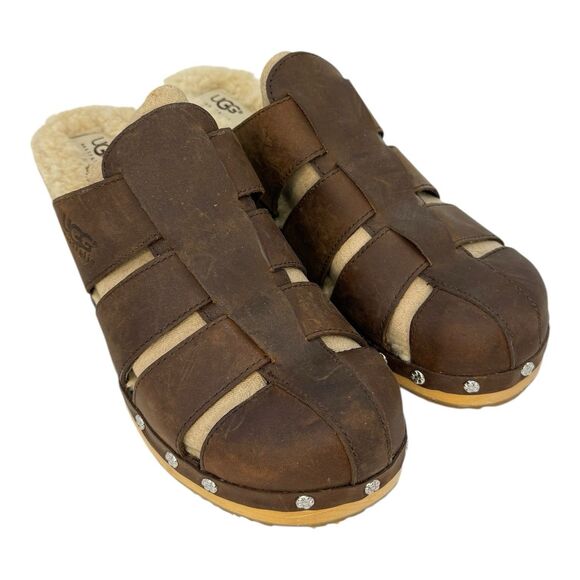 UGG Womens CLOGS Sandals Ore Brown Leather 1675 WOODEN shearling Slip on Size 10 - Picture 1 of 8